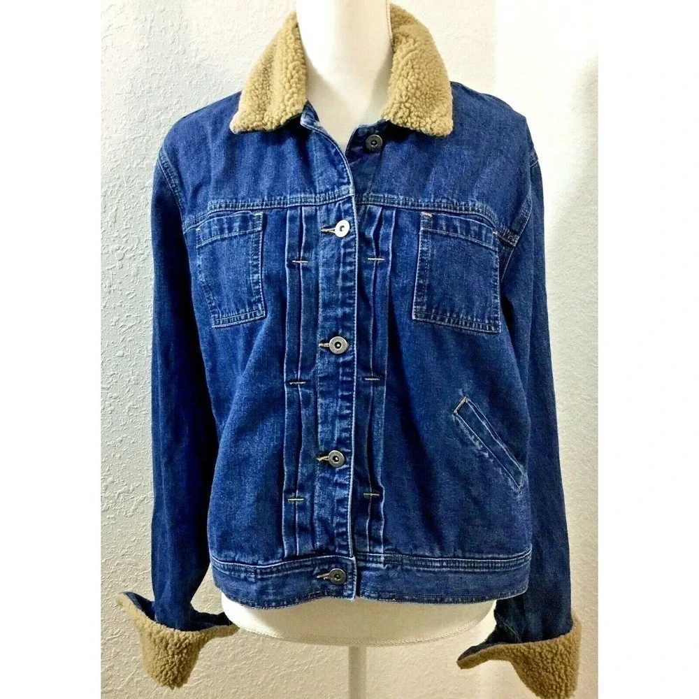 LIZ Claiborne Denim Jeans Jacket Trucker‎ Cotton Blue Sz XL Sherpa Collar Womens
